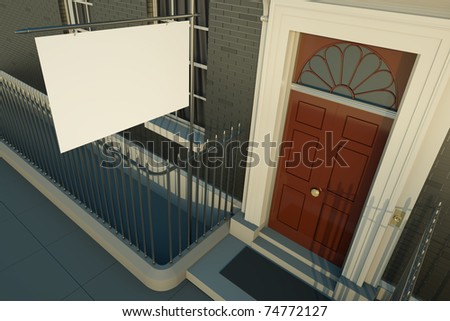 Entrance of traditional British house with blank sign. 3D render.