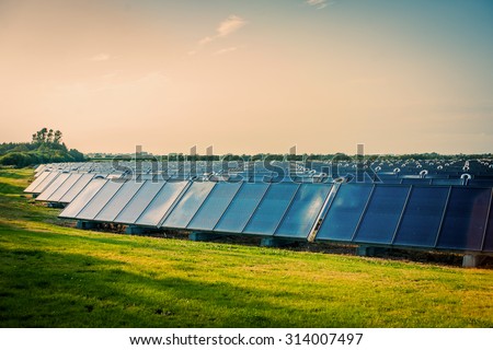 Solar park with blue cells on a green field