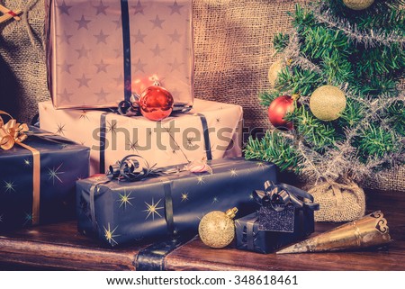 Xmas gifts under the tree in vintage colors