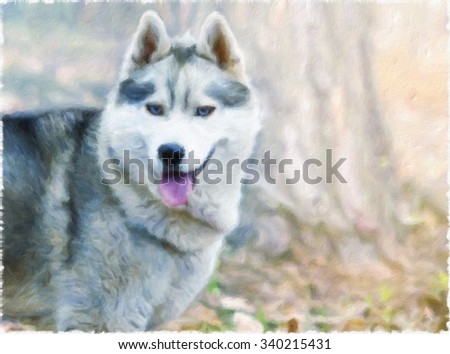portrait of  wolf, Siberian Husky with blue eyes in the woods on a cold autumn fallen brown leaves. It is executed in style of modern impressionism. Painting imitation