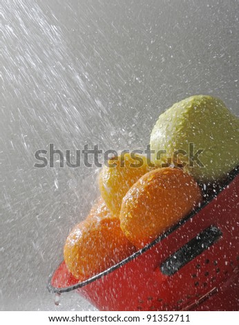 Fruit, oranges, lemons, apples in water drops. Under a water stream