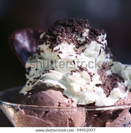 chocolate dessert, balls of delightful fruit ice-cream in glasswares