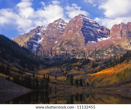 The twin peaks of the Maroon Bells in the White River National Forest, Colorado.