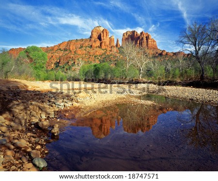 Cathedral Rock and Oak Creek in the Coconino National Forest near Sedona, Arizona.
