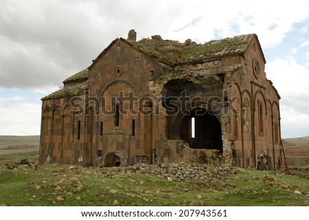 The ruins of Ani. Ani was in the past  Armenian capital. Now is plateau with the ruins of churches near the Turkish-Armenian border. The Cathedral (built in 987-1010).