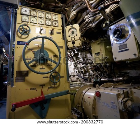 Russian submarine interior of deck cabin wirh devices and technical equipment