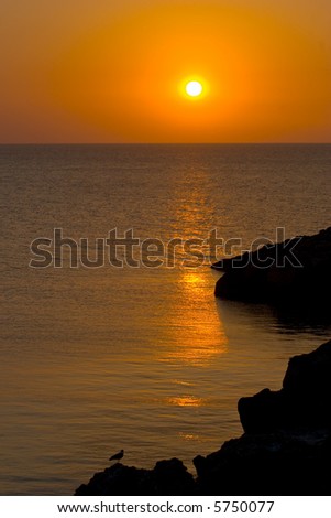 low sun in orange sunset sky above calm sea with light way on sea surface