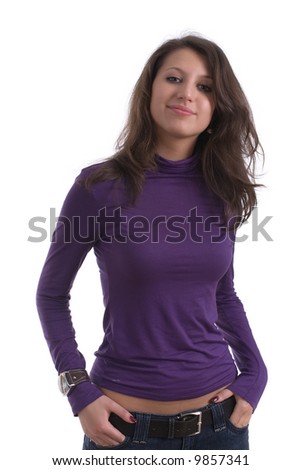 young beautiful smiling girl with long hair standing in turtleneck sweater isolated on white