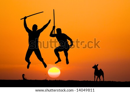 silhouette of two flying warriors with swords in hands on sunset