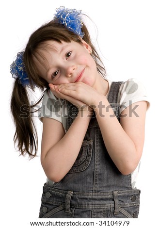 Little girl with pony tail put head on hands, isolated on white