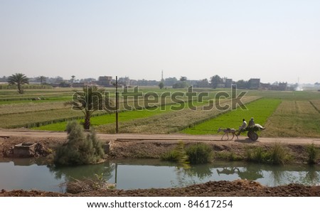 little donkey carrying bogie with two Arab people along irrigation canal
