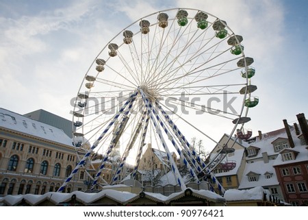 big Christmas Ferris wheel on town square in Riga, Latvia