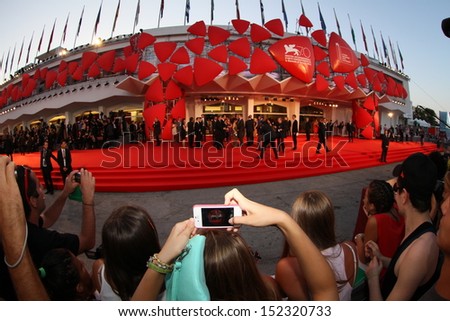 VENICE - AUGUST 29: Red Carpet at the entrance of Palazzo del Cinema, waiting for the next celebrity at  Venice Film Festival on August 29, 2013 in Venice, Italy.