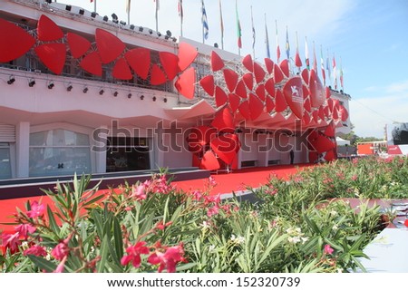 VENICE - AUGUST 28: Red Carpet at the entrance of Palazzo del Cinema, waiting for the next celebrity at  Venice Film Festival on August 28, 2013 in Venice, Italy.