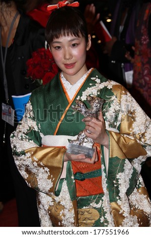 BERLIN, GERMANY - FEBRUARY 15: Haru Kuroki poses with his Silver Bear for Best  Actress after the closing ceremony during Berlinale Festival at Palast on February 15, 2014 in Berlin, Germany.