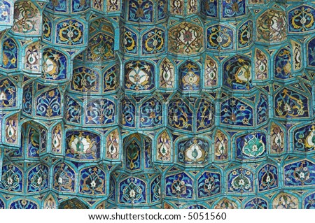 Fragment of a tiled wall with Arabic mosaic of an ancient mosque in Saint Petersburg, Russia.