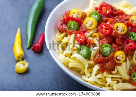 bowl of pasta with spicy tomatoe sauce