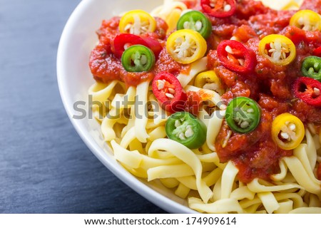 bowl of pasta with spicy tomatoe sauce