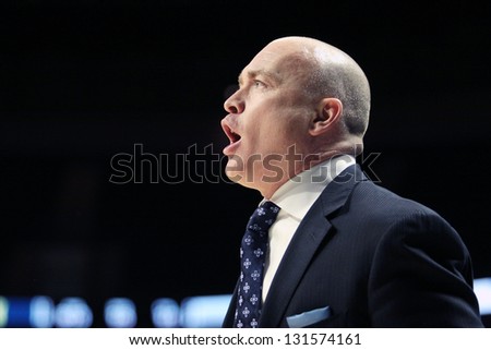 UNIVERSITY PARK, PA - FEBRUARY 27:Penn State\'s coach,Pat Chambers shouts encouragement to his players during a game against Michigan at the Byrce Jordan Center February 27, 2013 in University Park, PA