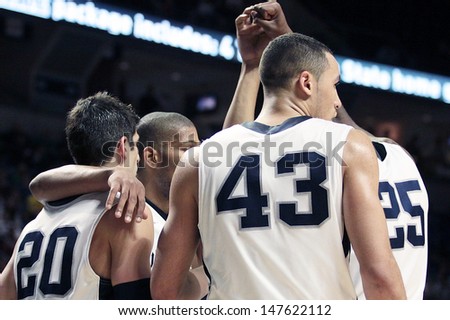 UNIVERSITY PARK, PA - FEBRUARY 27: Penn State players gather during a game against Michigan at the Byrce Jordan Center February 27, 2013 in University Park, PA