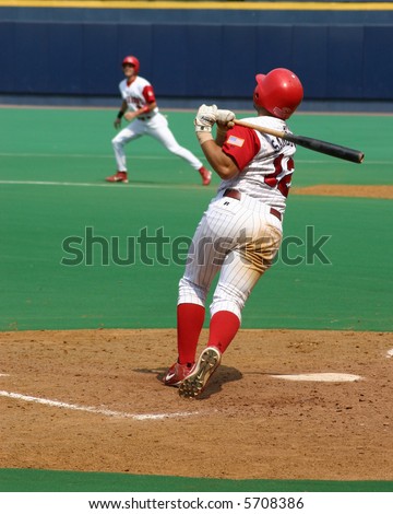 Right-handed baseball player watching his hit