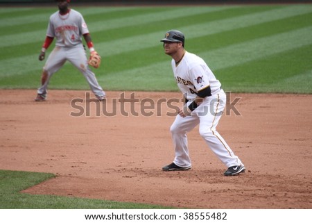 PITTSBURGH - SEPTEMBER 24 : Ryan Doumit of the Pittsburgh Pirates takes his lead off first base on September 24, 2009 in Pittsburgh, PA.