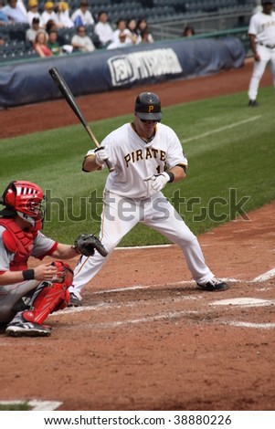 PITTSBURGH - SEPTEMBER 24 : Andy LaRoche of Pittsburgh Pirates steps into the batter\'s box against Cincinnati Reds on September 24, 2009 in Pittsburgh, PA.