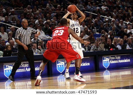 UNIVERSITY PARK, PA - FEBRUARY 24: Penn State\'s Talor Battle lines up his shot in a game against Ohio State at the Byrce Jordan Center February 24, 2010 in University Park, PA