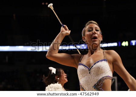 UNIVERSITY PARK, PA - FEBRUARY 24: Penn State\'s feature twirler entertains the crowd in game against Ohio State at the Byrce Jordan Center February 24, 2010 in University Park, PA