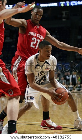 UNIVERSITY PARK, PA - FEBRUARY 24: Penn State\'s Tim Fraizer draws a crowd of defenders during a game at the Byrce Jordan Center February 24, 2010 in University Park, PA