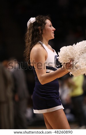 UNIVERSITY PARK, PA - FEBRUARY 24: A Penn State cheerleader entertains the crowd during a game against Ohio State at the Byrce Jordan Center February 24, 2010 in University Park, PA
