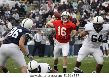 UNIVERSITY PARK, PA - APRIL 24: Penn State quarterback #16 Shane McGregor throws a pass at Beaver Stadium April 24, 2010 in University Park, PA