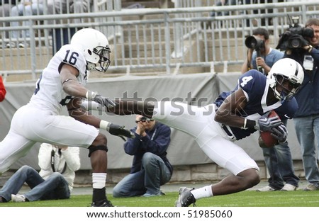 UNIVERSITY PARK, PA - APRIL 24: Penn State receiver #4 Shawney Kersey makes a spectacular catch in the end zone for a touchdown at Beaver Stadium April 24, 2010 in University Park, PA