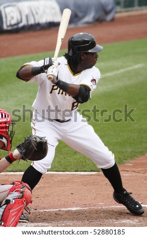 PITTSBURGH - SEPTEMBER 24 : Lastings Miledge of the Pittsburgh Pirates looks at a pitch against Cincinnati Reds on September 24, 2009 in Pittsburgh, PA.