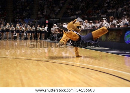 UNIVERSITY PARK, PA - FEBRUARY 24: Penn State\'s mascot, the Nittany Lion, break dances during a game against Ohio State at the Byrce Jordan Center February 24, 2010 in University Park, PA
