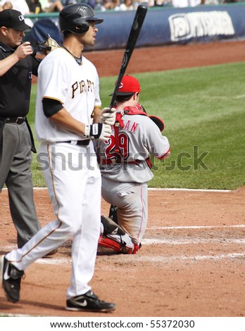 PITTSBURGH - SEPTEMBER 24 : Garrett Jones of the Pittsburgh Pirates steps up to the plate against Cincinnati Reds on September 24, 2009 in Pittsburgh, PA.