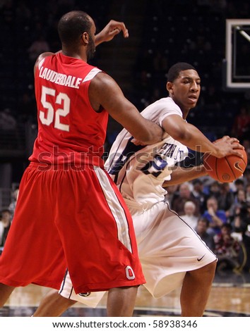 UNIVERSITY PARK, PA - FEBRUARY 24: Ohio State's Dallas Lauderdale defends Penn State's Andrew Jones during a game at the Byrce Jordan Center February 24, 2010 in University Park, PA