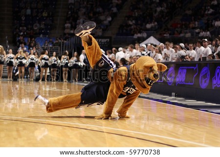 UNIVERSITY PARK, PA - FEBRUARY 24: Penn State\'s mascot,  Nittany Lion entertains by break dancing during a game against Ohio State at the Byrce Jordan Center February 24, 2010 in University Park, PA