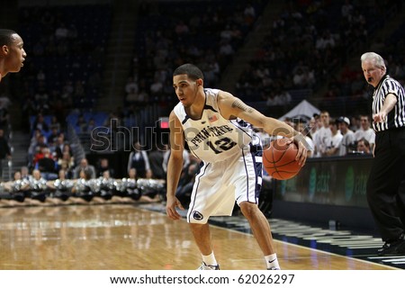 UNIVERSITY PARK, PA - FEBRUARY 24: Penn State guard Talor Battle #12 dribbles the ball up the court a game against Ohio State at the Byrce Jordan Center February 24, 2010 in University Park, PA