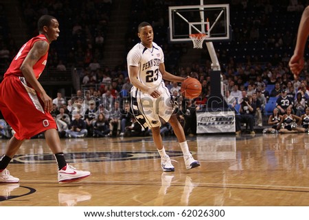 UNIVERSITY PARK, PA - FEBRUARY 24: Penn State guard Tim Fraizer #23 dribbles the ball up the court a game against Ohio State at the Byrce Jordan Center February 24, 2010 in University Park, PA
