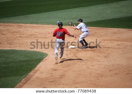 SCRANTON, PA - MAY 8: Pawtucket Red Sox runner is out at second base in a game against the Scranton Wilkes Barre Yankees at PNC Field on May 8, 2011 in Scranton, PA.