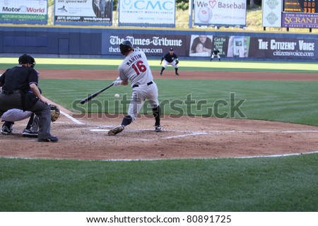 SCRANTON, PA - JULY 9: Rochester Red Wings batter Dustin Martin swings at a pitch a pitch in a game against the Scranton Wilkes Barre Yankees at PNC Field on July 9, 2011 in Scranton, PA.