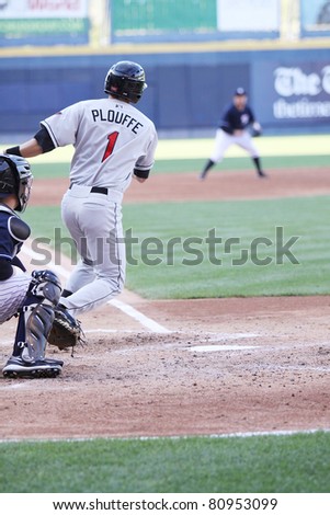 SCRANTON, PA - JULY 9: Rochester Red Wings batter Trevor Plouffe swings at a pitch during a game against the Scranton Wilkes Barre Yankees at PNC Field on July 9, 2011 in Scranton, PA.