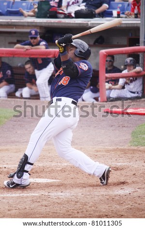 BINGHAMTON, NY - JULY 7: Binghamton Mets batter Brahiam Maldonado swings at a pitch in a game against the Portland Sea Dogs at NYSEG Stadium on July 7, 2011 in Binghamton, NY
