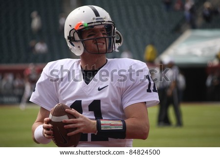PHILADELPHIA, PA. - SEPTEMBER 17: Penn State Quarterback back Matthew McGloin warms up prior to a game against Temple on September 17, 2011 at Lincoln Financial Field in Philadelphia, PA.