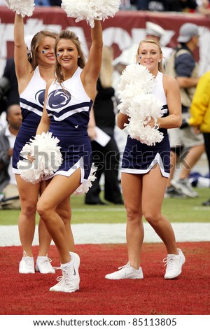 PHILADELPHIA, PA. - SEPTEMBER 17: Penn State cheerleaders celebrate a touchdown during a game against Temple on September 17, 2011 at Lincoln Financial Field in Philadelphia, PA.