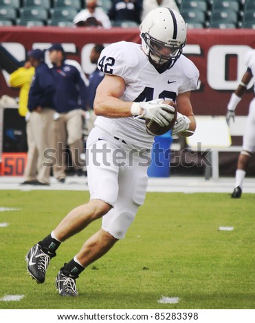 PHILADELPHIA, PA. - SEPTEMBER 17: Penn State linebacker Mike Mauti warms up against Temple on September 17, 2011 at Lincoln Financial Field in Philadelphia, PA.