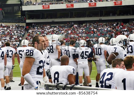PHILADELPHIA, PA. - SEPTEMBER 17: Penn State safety (No.28) on the sidelines with the defensive players during a game against Temple on September 17, 2011 at Lincoln Financial Field in Philadelphia, PA.