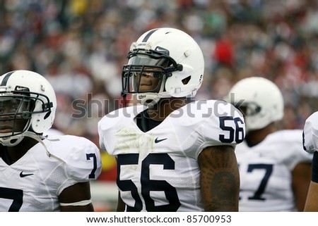 PHILADELPHIA, PA. - SEPTEMBER 17: Penn State lineman Eric Latimore rests between plays during a game against Temple on September 17, 2011 at Lincoln Financial Field in Philadelphia, PA.