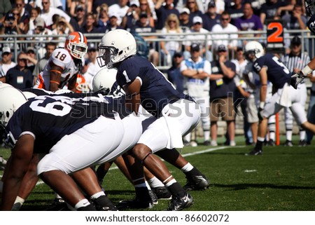 UNIVERSITY PARK, PA - OCT 9: Penn State quarterback Robert Bolden calls the signals at the line of scrimmage during a game with Illinois at Beaver Stadium on October 9, 2010 in University Park, PA